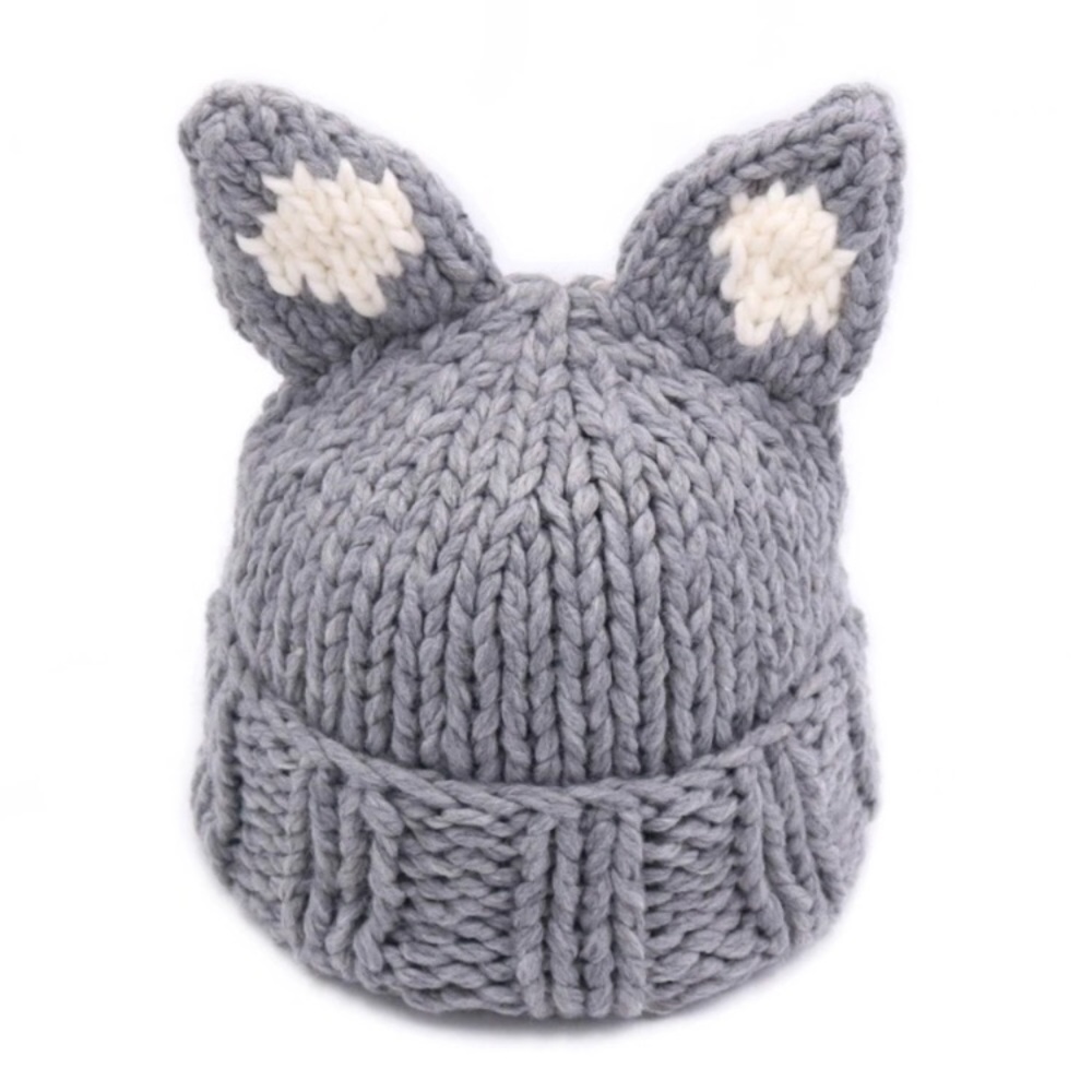 NEW Gray Knit Fox Ears Animal Beanie Hat Skull Cap Boutique Crochet Winter Cold